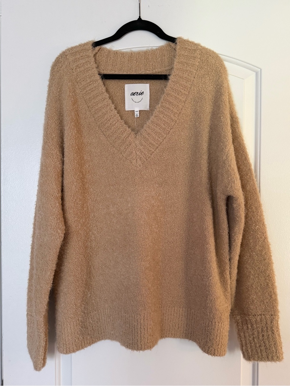 aerie Women's V-Neck Teddy Boucle Buttercream Sweater in Camel NEW